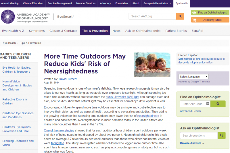 American academy of ophthalmology and the need for time outdoors