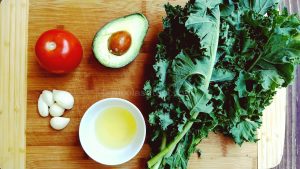 Seared kale and tomato with avocado - ingredients