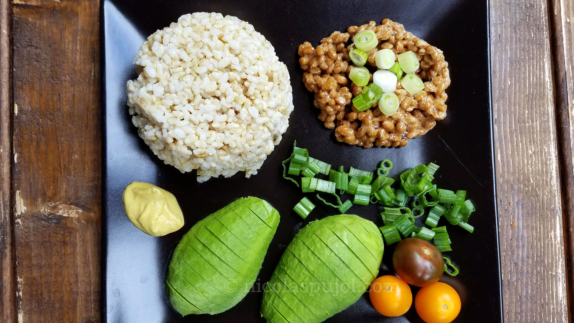 Natto, brown rice and avocado
