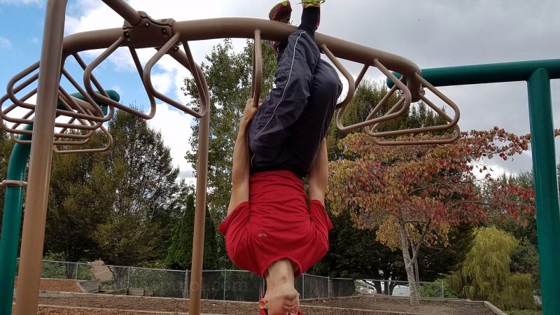 Bar exercises upside down. You need strong hand grip to do this.