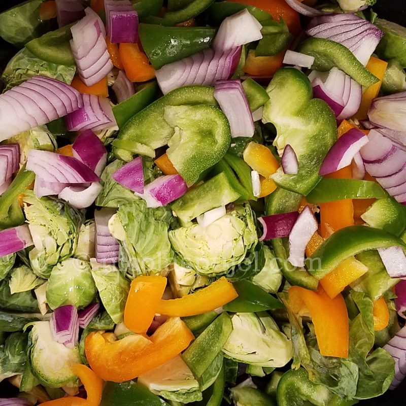 Vegan Brussels sprouts stir fry ingredients
