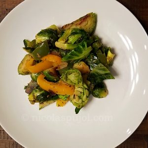 Vegan Brussels sprouts stir fry plate