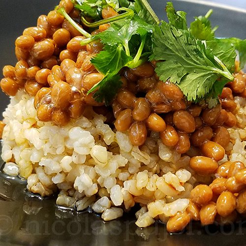 French-Japanese fusion natto with brown rice and olive oil