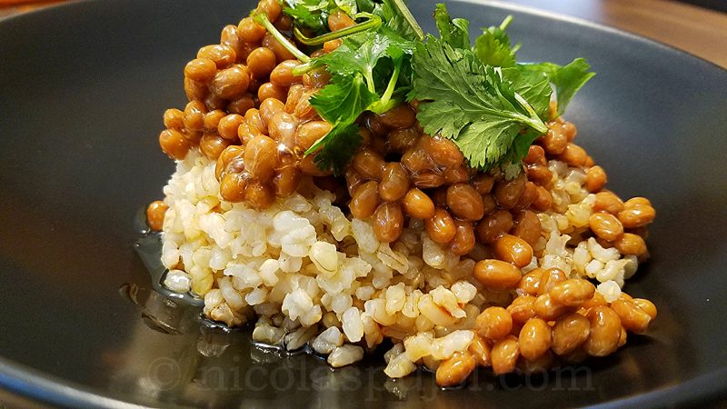 French-Japanese fusion natto with brown rice and olive oil