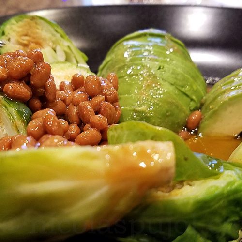 Natto, avocado and Brussels sprouts in spicy wasabi sauce