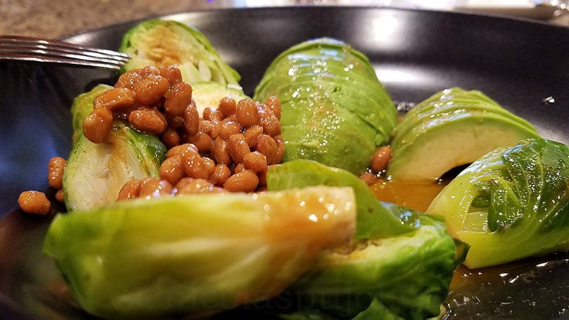 Natto, avocado and Brussels sprouts in spicy wasabi sauce