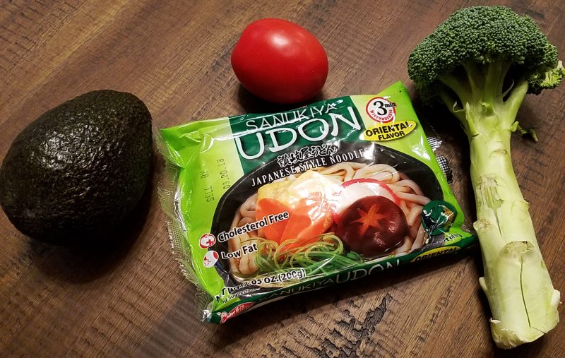 Udon noodles, broccoli, avocado and tomato