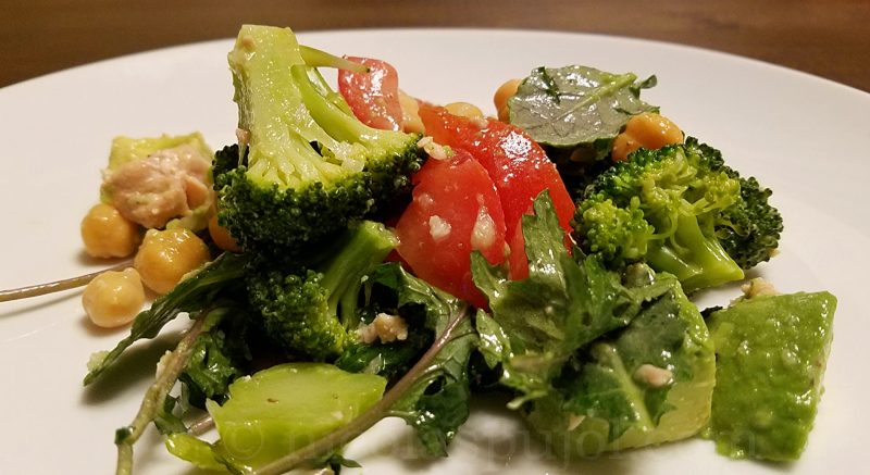 Pescetarian salad with tuna garbanzo beans avocado broccoli