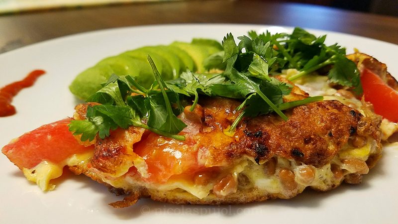 Delicious natto omelette, cooked in Provence style for a Japanese-French fusion recipe.