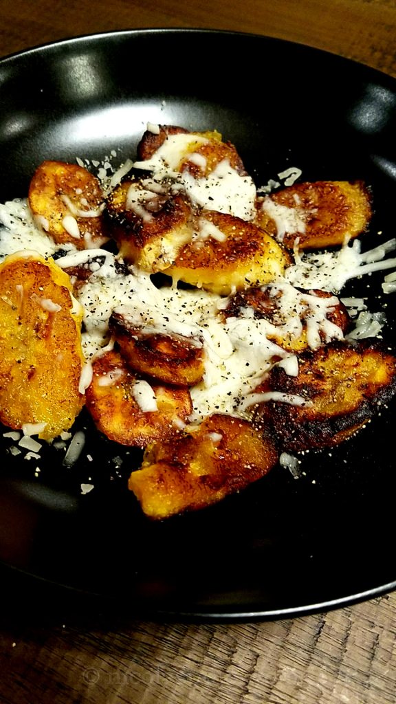 Plantains fried in avocado oil with mozzarella cheese
