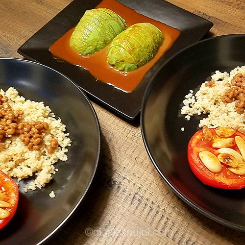 Natto quinoa in wasabi sauce with seared tomato