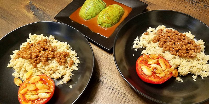 Natto quinoa in wasabi sauce with seared tomato