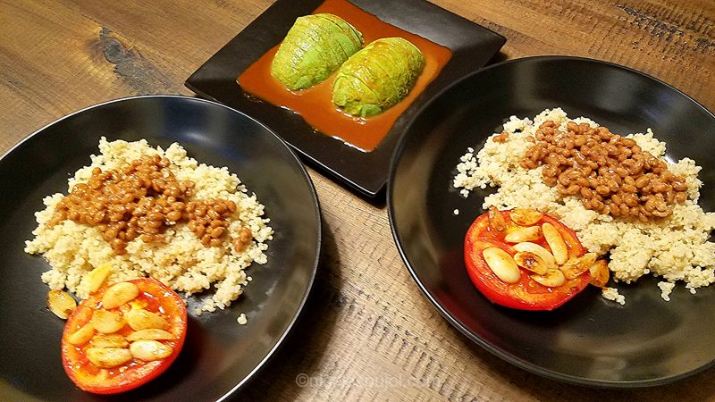 Natto quinoa in wasabi sauce with seared tomato