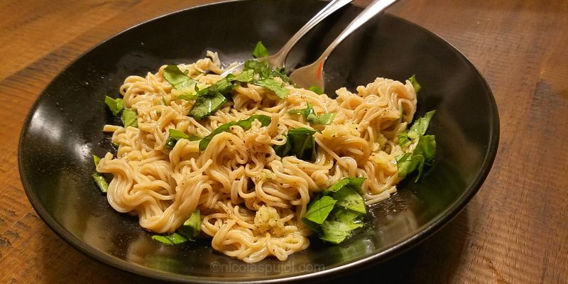 Gluten-free vegan pasta with garlic and olive oil