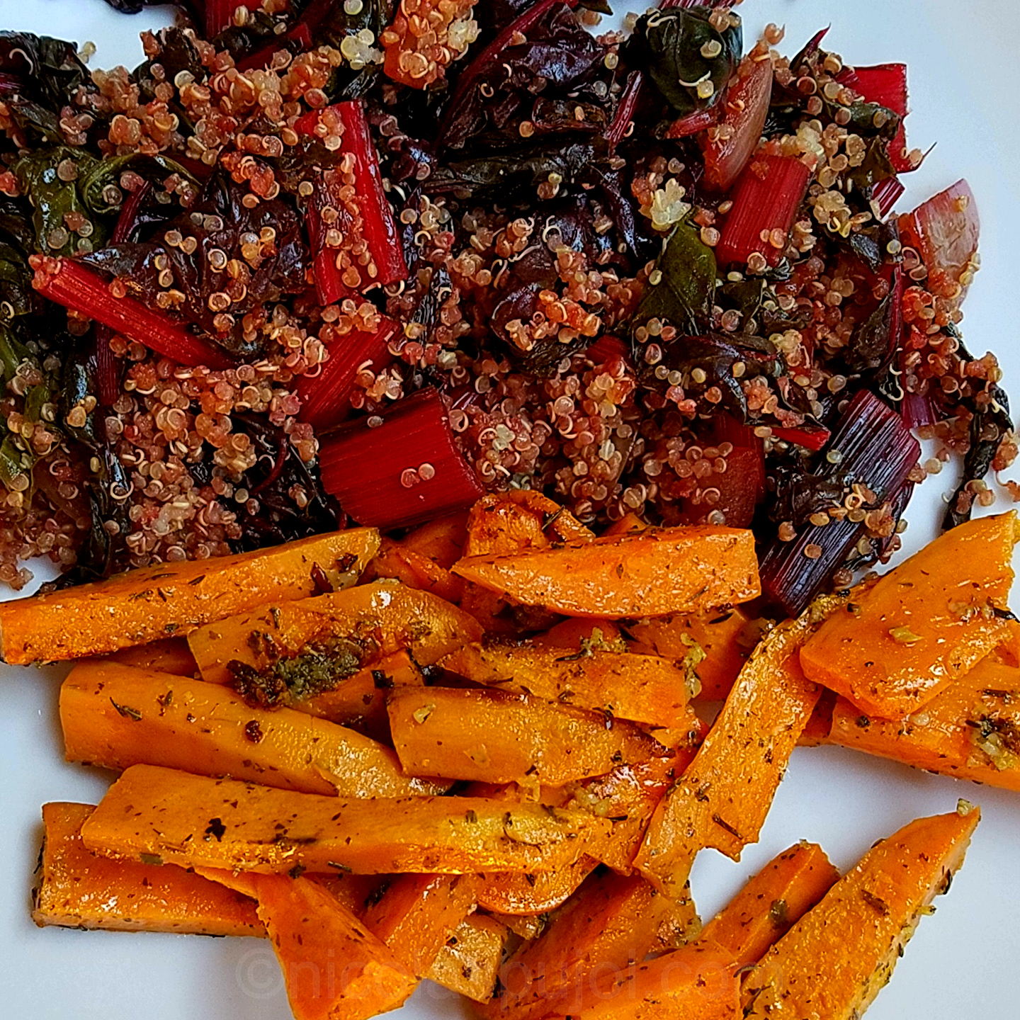 Sweet potato fries with quinoa and red chard