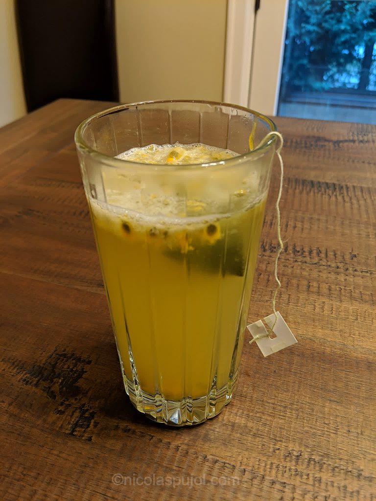 Hot lemon juice green tea with passion fruit drink