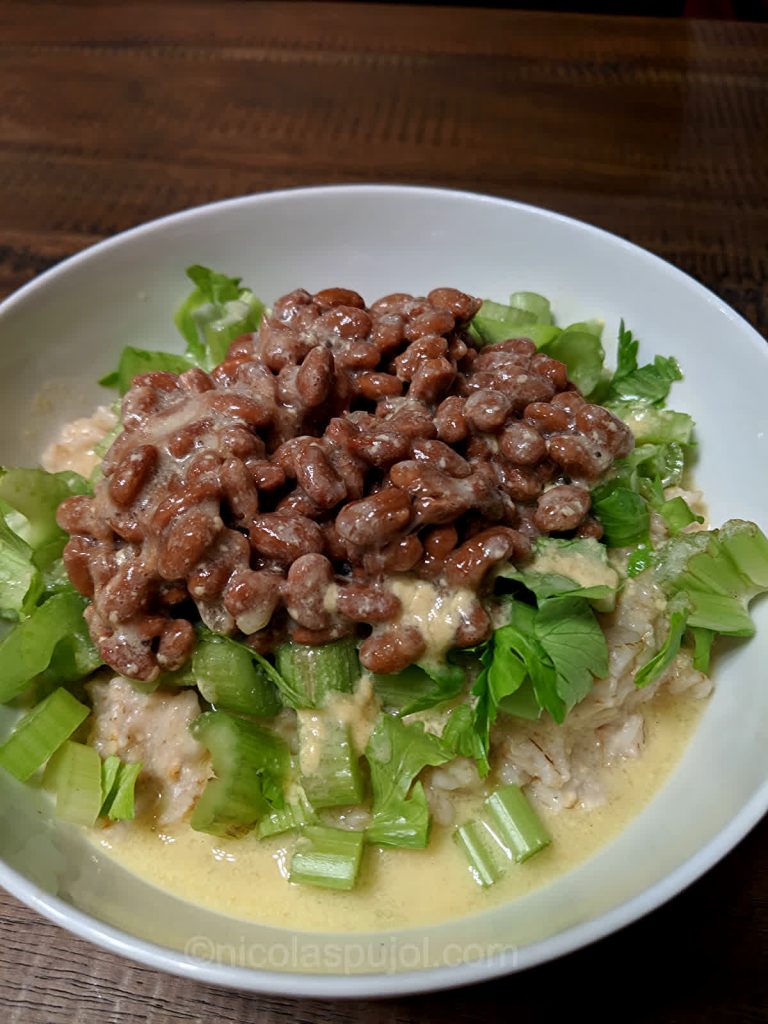 Natto, celery and oatmeal with no-oil lemon dressing
