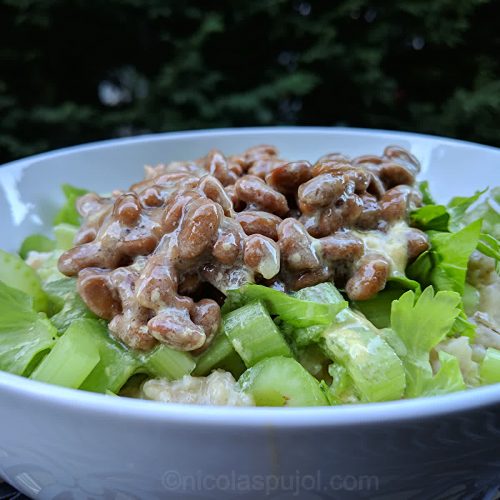 Oatmeal natto and celery salad in lime mustard dressing