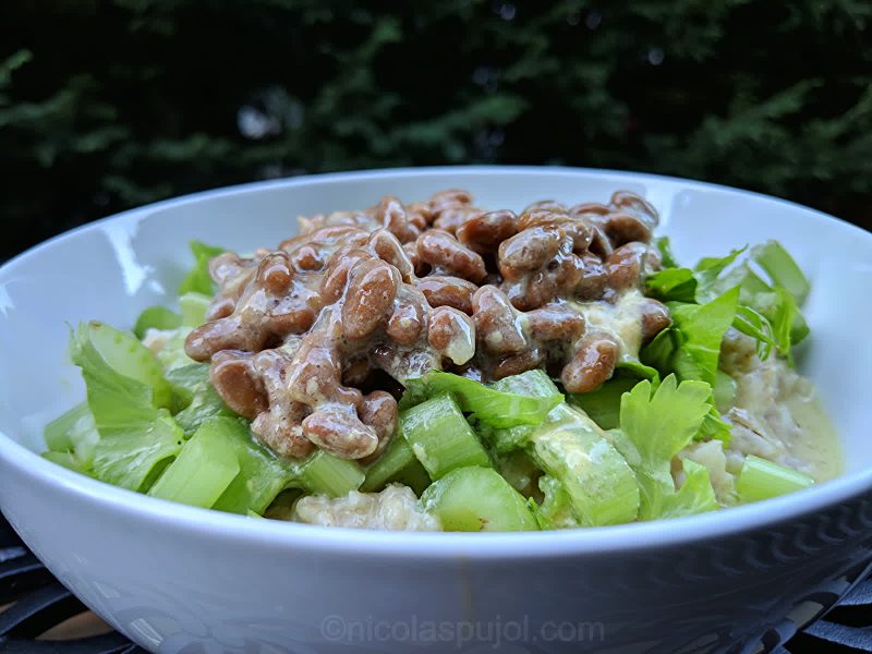 Oatmeal natto and celery salad in lime mustard dressing