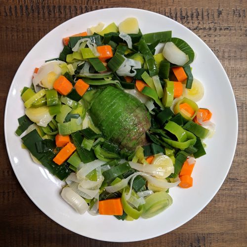 Steamed leek and carrot salad with avocado