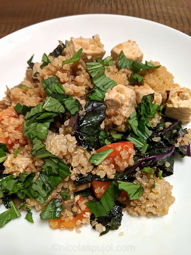 Tofu quinoa with kale and maitake mushroom