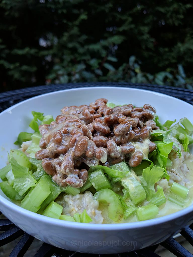Whole food, plant-based, no-oil (WFPBNO) natto and celery salad