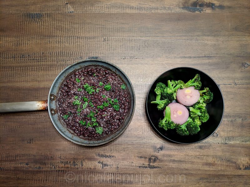 Seared black beans, broccoli and onion