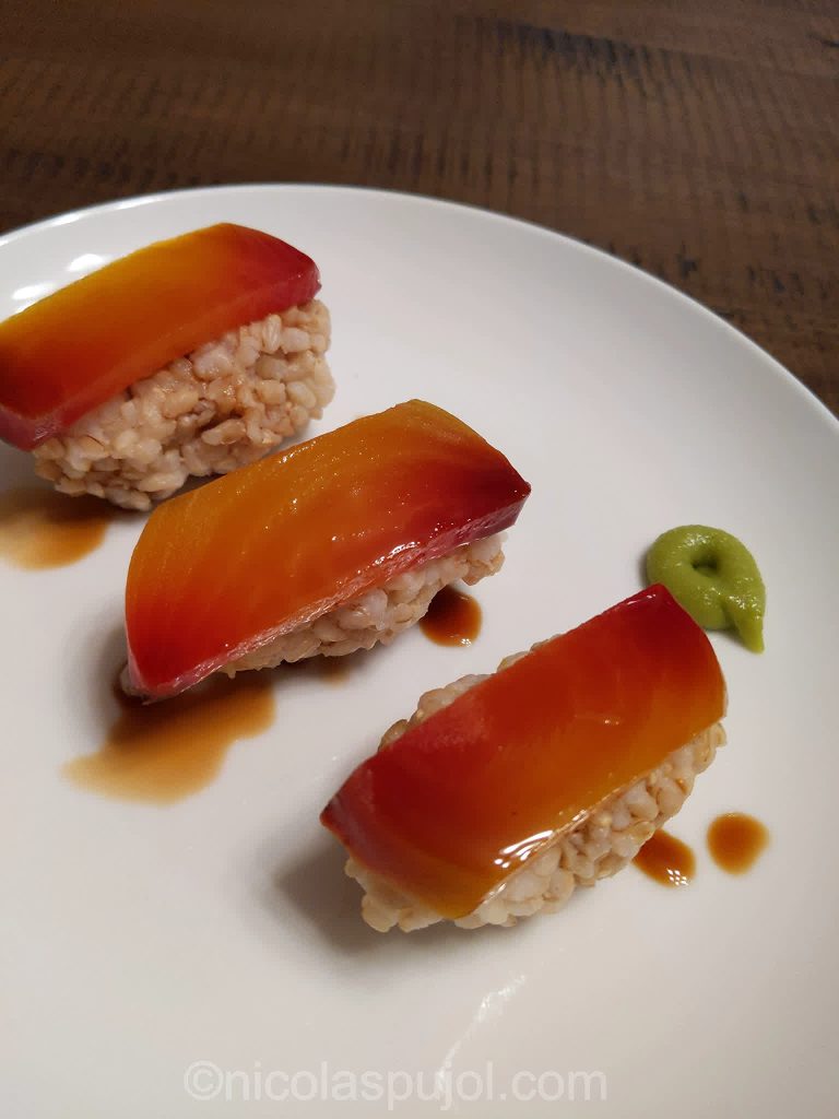 Golden beets nigiri sushi