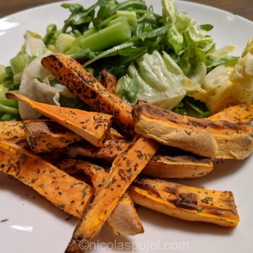 Greens with sweet potato fries without oil