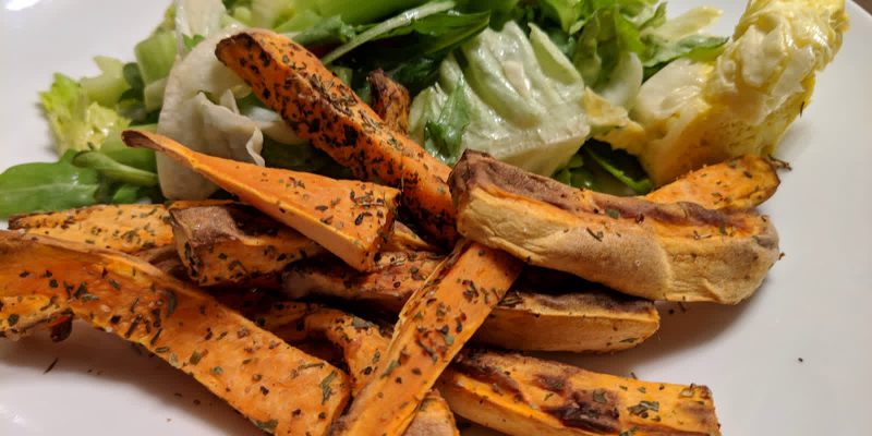 Greens with sweet potato fries without oil