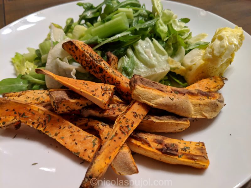 Greens with sweet potato fries without oil