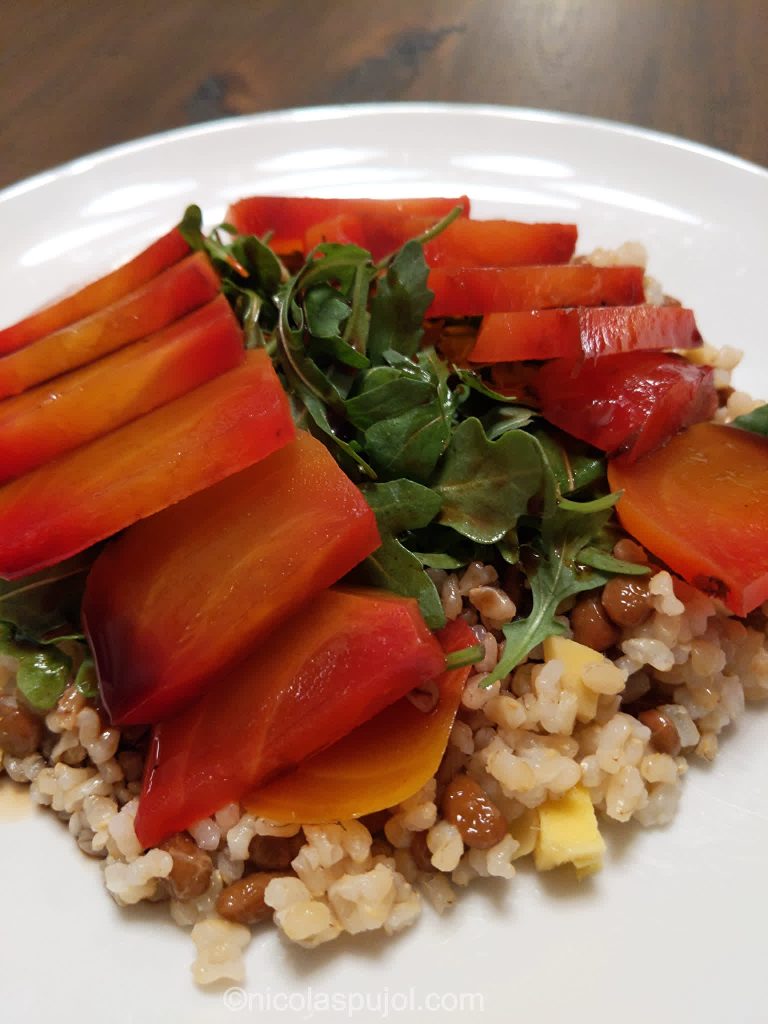 Natto salad with golden beets arugula and ginger