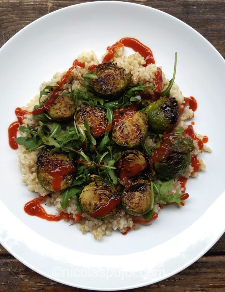 No-oil Brussels sprouts, arugula, and brown rice with balsamic vinegar