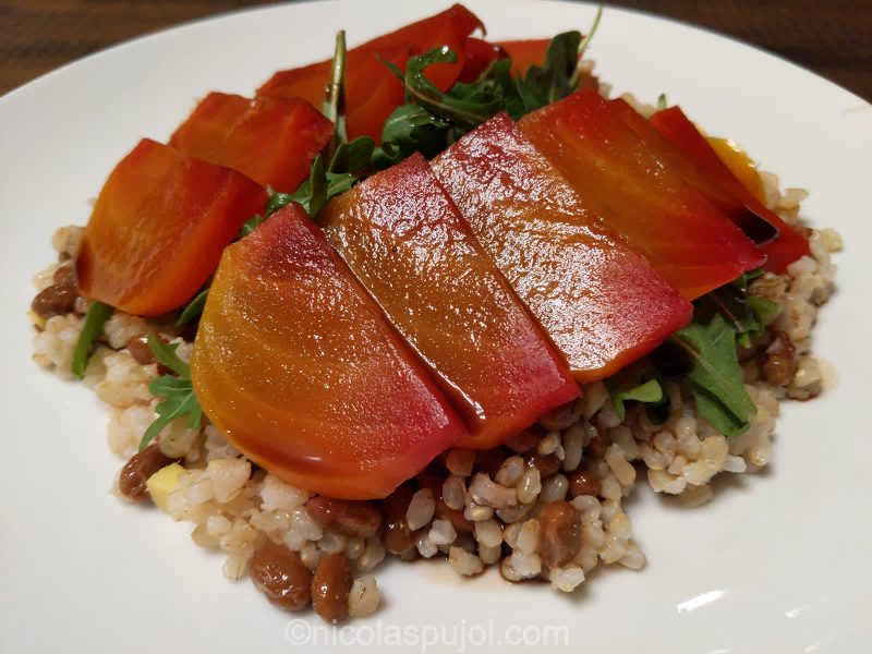 Oil-free golden beets arugula salad on bed of natto rice and ginger