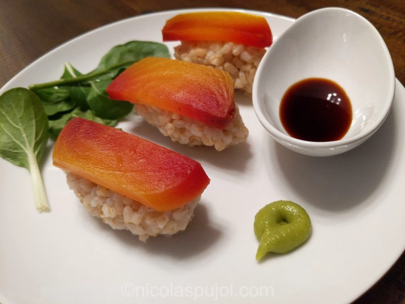 Plant-based nigiri sushi with beets