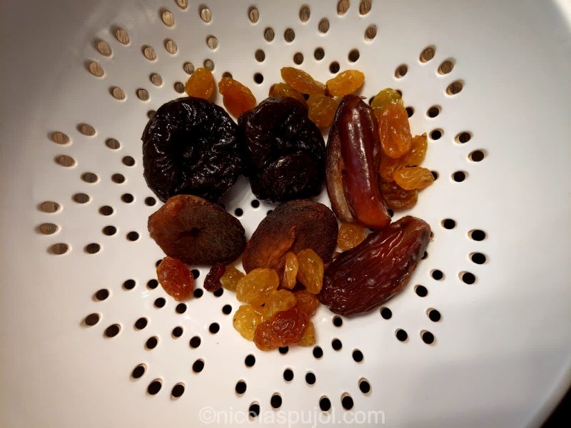 Prunes, raisins, dates, dry apricots for oatmeal