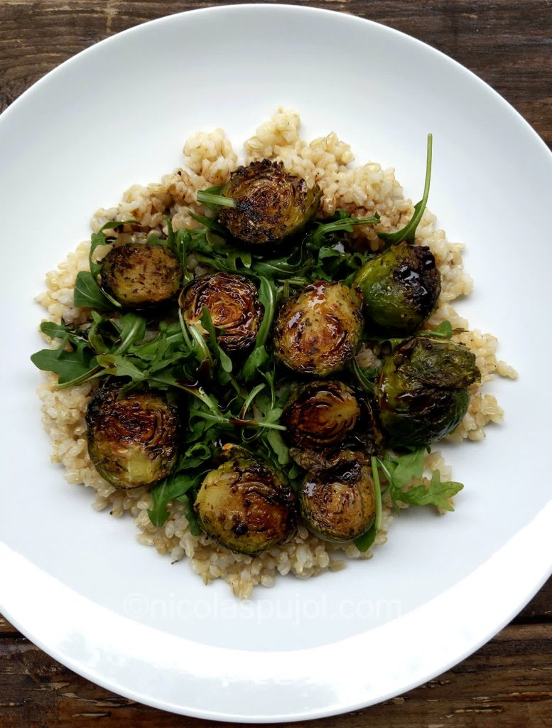 Spicy Brussels sprouts on bed of arugula and brown rice