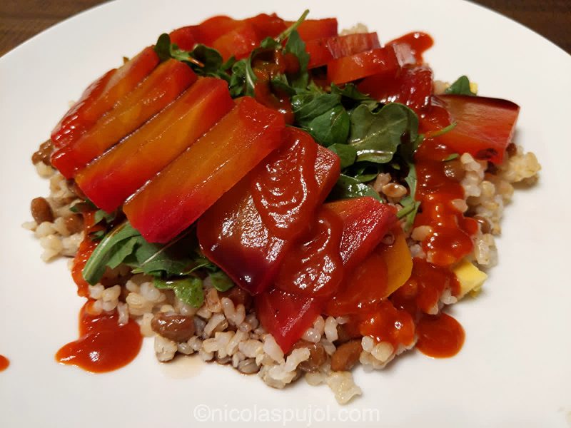 Spicy beet arugula and natto salad