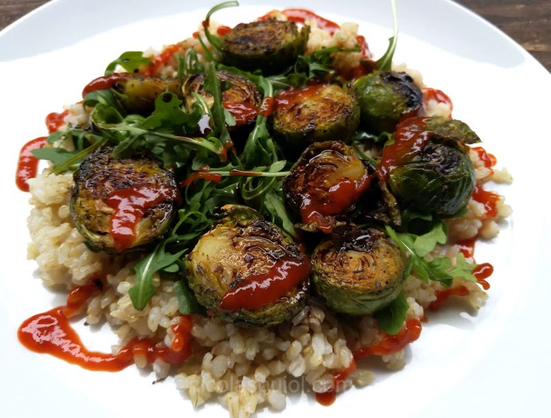 Spicy vegan WFPB Brussels sprouts, arugula, brown rice