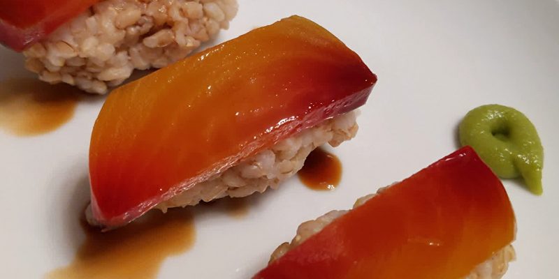 Vegan sushi with golden beets brown rice and soy sauce