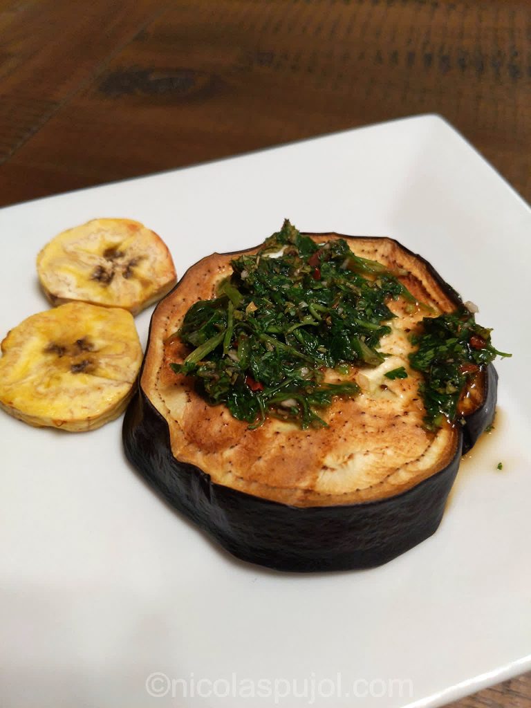 Air fried eggplant appetizer with chimichurri sauce without oil