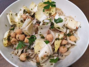 Endive garbanzo bean and rice noodle salad in oil-free chimichurri