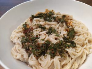 rice noodles with oil-free chimichurri sauce