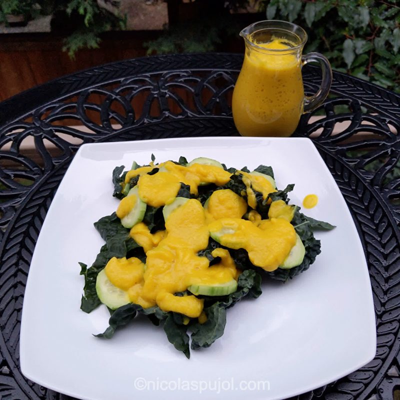 Cucumber kale salad with golden beet sauce