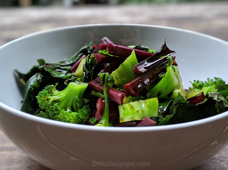 Oil-free dressing with steamed or boiled chard and broccoli