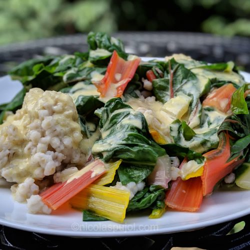 Rainbow chard over barley with oil-free lemon dressing