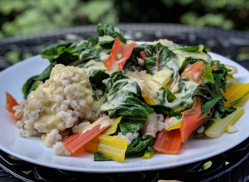 Rainbow chard over barley with oil-free lemon dressing