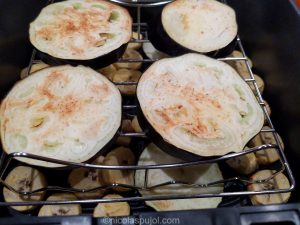 Stacked aubergine and platano banana in air fryer