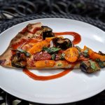 Vegan BBQ pizza with bell peppers