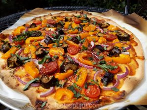 Vegan eggplant bell pepper BBQ pizza (no oil)